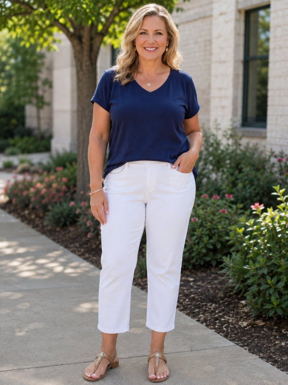 BELLE by Kim Gravel Pull-On TripleLux Twill Top Stitch White Cropped Jeans 14